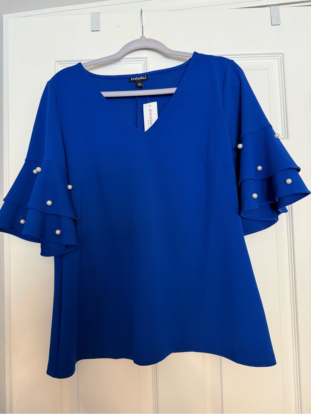 dressbarn Royal Blue V-Neck Ruffle Sleeve Top with Pearl Trim